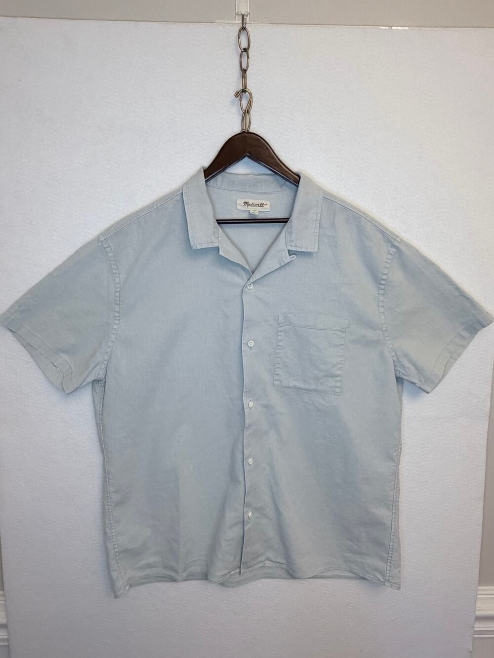 Madewell Mens L Linen Cotton Easy Camp Shirt Sage Mist Short Sleeve